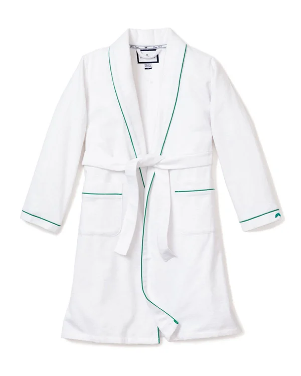 Petite Plume Kid's Flannel Contrast PIPING Robe, Size 1-14, White with Green, 3T-4T, Childrens Kids Robes Bathrobes
