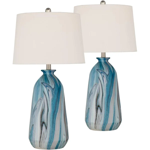360 Lighting Modern Coastal Table Lamps Set of 2 Swirling Blue Faux Marble White Tapered Drum Shade for Living Room Bedroom Hous