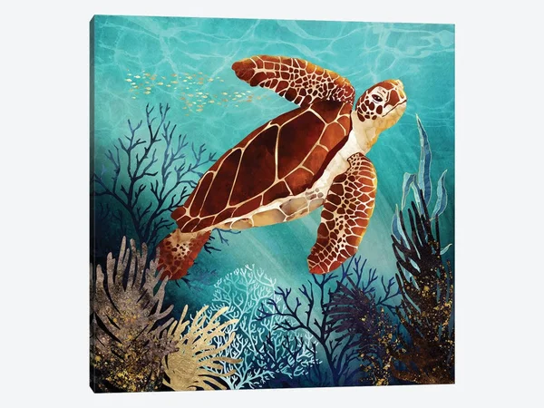 SpaceFrog Designs Paintings Canvas Art Prints - Metallic Sea Turtle ( Animal Art > reptiles & amphibians > Turtles a