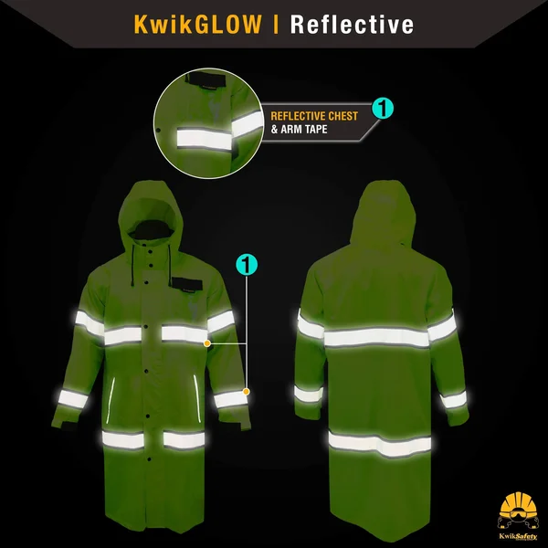 KwikSafety (Charlotte - NC) Torrent Class 3 Safety Trench Coat, High Visibility Waterproof Windproof Safety Rain Jacket, Hi Vis