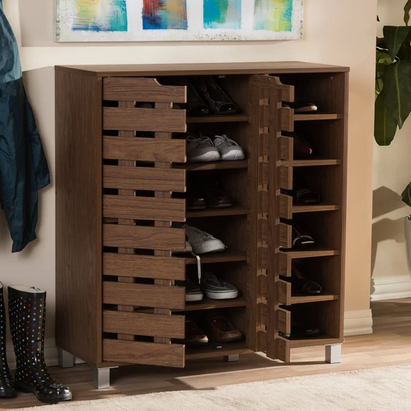 Baxton Studio Shirley 2 Door Shoes Cabinet with Open Shelves, Walnut Brown