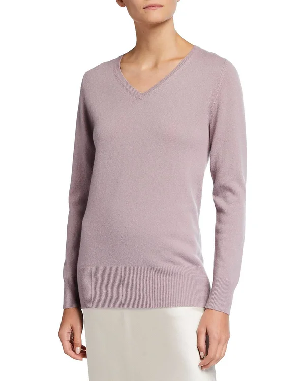 Neiman Marcus Cashmere Collection Relaxed V-Neck Cashmere Sweater, Iris, Women's, L