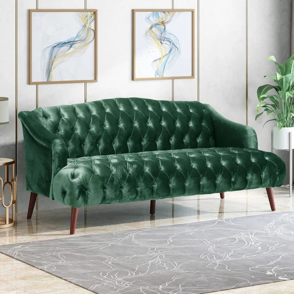 Best Selling Home Decor Adelia Modern Glam Tufted Velvet 3 Seater Sofa, Wine and Walnut Polyester in Red, 310391
