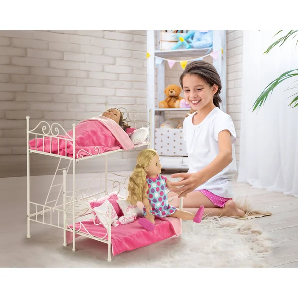Badger Basket Scrollwork Metal Doll Loft Bed with Daybed and Bedding - White/Pink