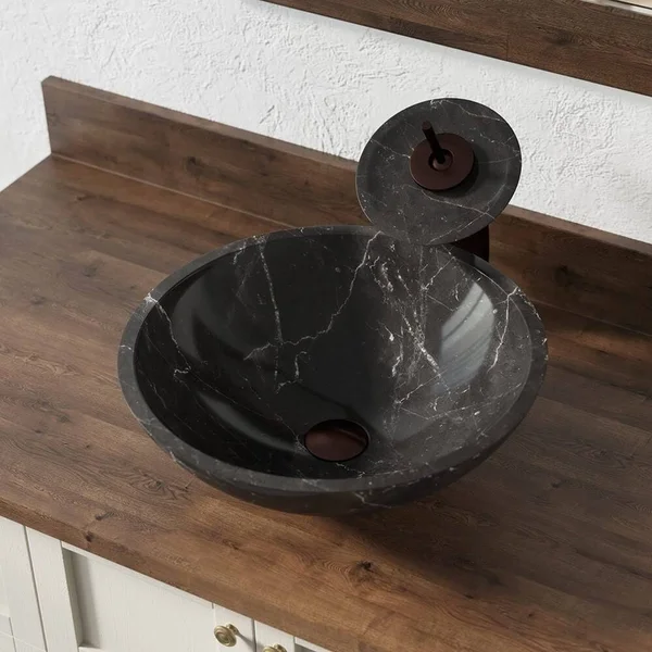 Mr Direct 851 Marble Granite Vessel Sink Ensemble with Oil-Rubbed Bronze Finish Waterfall Faucet - Pop-Up Drain, and Sink Ring