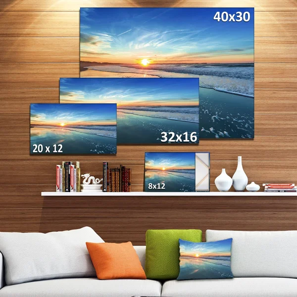 Designart &Blue Seashore with Distant Sunset & Seascape Canvas Art Print - Size: 60 inch x 28 inch