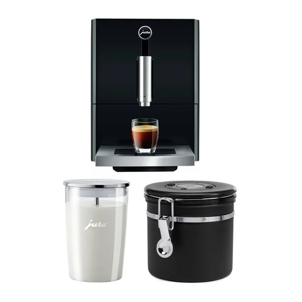 Jura A1 Ultra Compact Coffee Center 15148 with Pep - Piano Black, Includes Glass Milk Container and Bean Canister Bundle (3 items