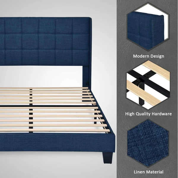 Navy Blue Queen Size Platform Bed Frame Wingback Fabric Upholstered