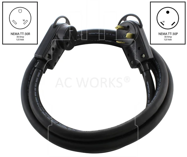 AC Works 100 ft. 30 Amp 125-Volt NEMA TT-30 RV Rubber Extension Cord with Handle - Black