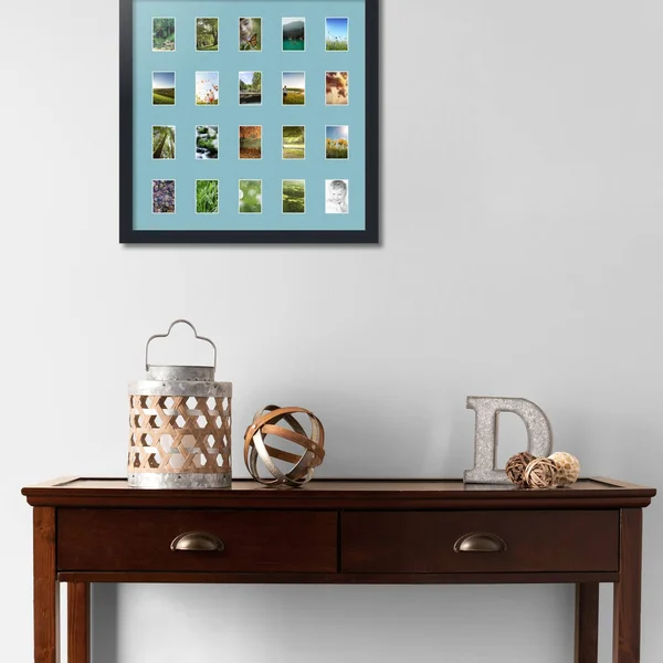 Collage Picture Frame - Satin Black Frame with 20 openings for 2x3 Photos with French Blue Mat. D3926FB398, ArtToFrames