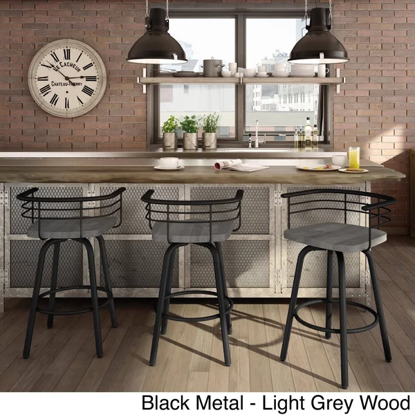 Carbon Loft Cantrell Swivel Metal Barstool with Distressed Wood Seat Black Metal/Light Grey Wood 20009776