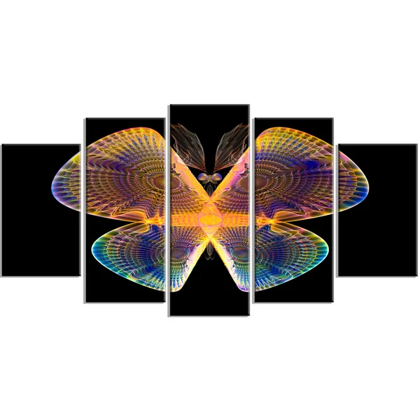 Design Art 'Blue Yellow Fractal Butterfly in Dark' Graphic Art on Wrapped Canvas - Size: 28 inch H x 60 inch W x 1.5 inch D