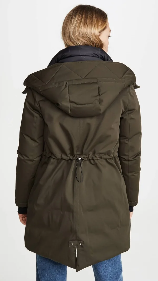 Soiau0026Kyo Belina Mid-Length Classic Down Coat with Puffy Bib - L - Army