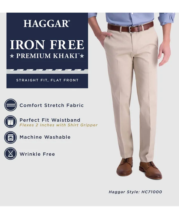 Haggar Men's Iron Free Premium Khaki Straight-Fit Flat-Front Pant - Med Khaki