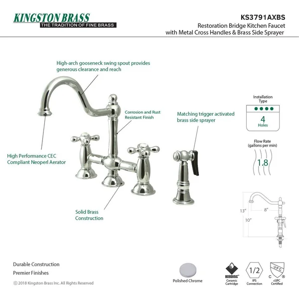 Kingston Brass KS3791AXBS Restoration Bridge Kitchen Faucet with Brass Sprayer - Polished Chrome