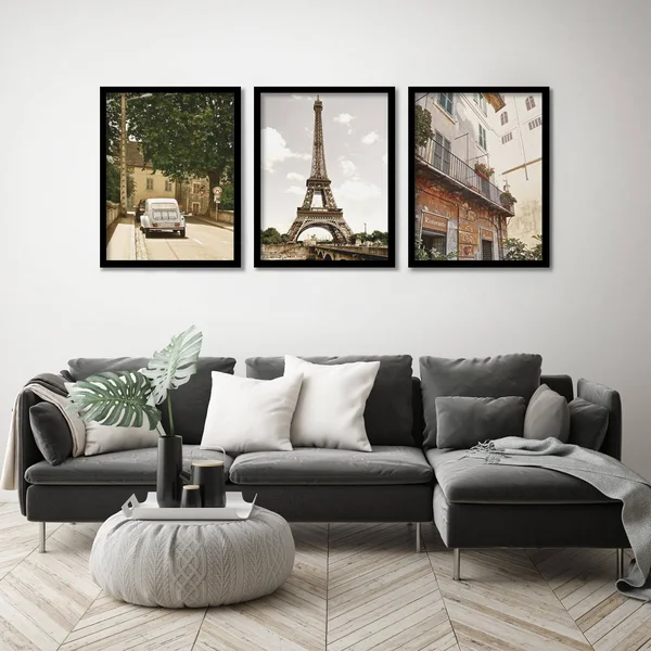 Americanflat Triptych Wall Art Day in Paris by Hope Bainbridge - Set of 3 Black Framed Prints, Size: 18 x 24, Pink