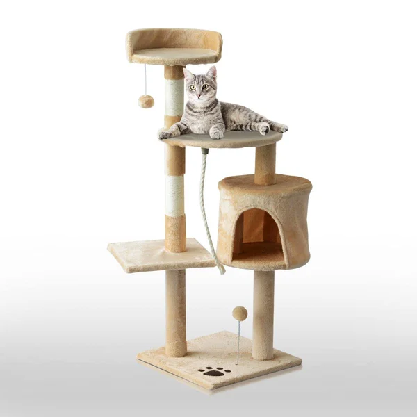 PawHut 45x22 Plush Sturdy Interactive Cat Condo Tower Scratching Post Activity Tree House - Beige, White