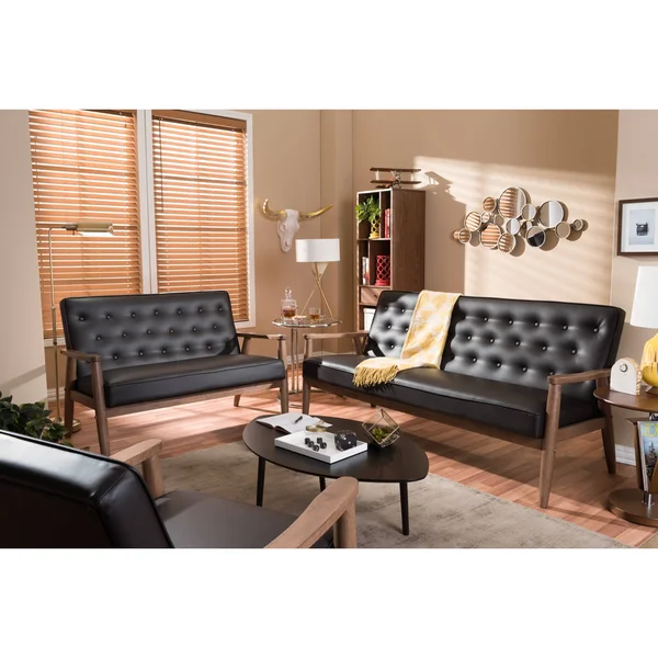 Baxton Studio Sorrento Mid Century Retro Modern Faux Leather Upholstered Wooden 3 Seater Sofa, Dark Brown