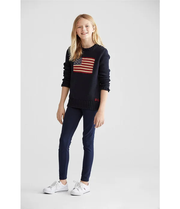 Ralph Lauren Girls 7-16 Flag Cotton Crewneck Sweater - Hunter Navy, XL