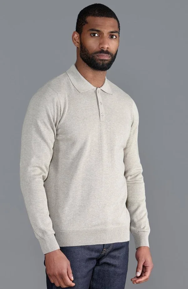 Mens 100% Cotton Long Sleeve Knitted Polo Shirt, Fawn, M