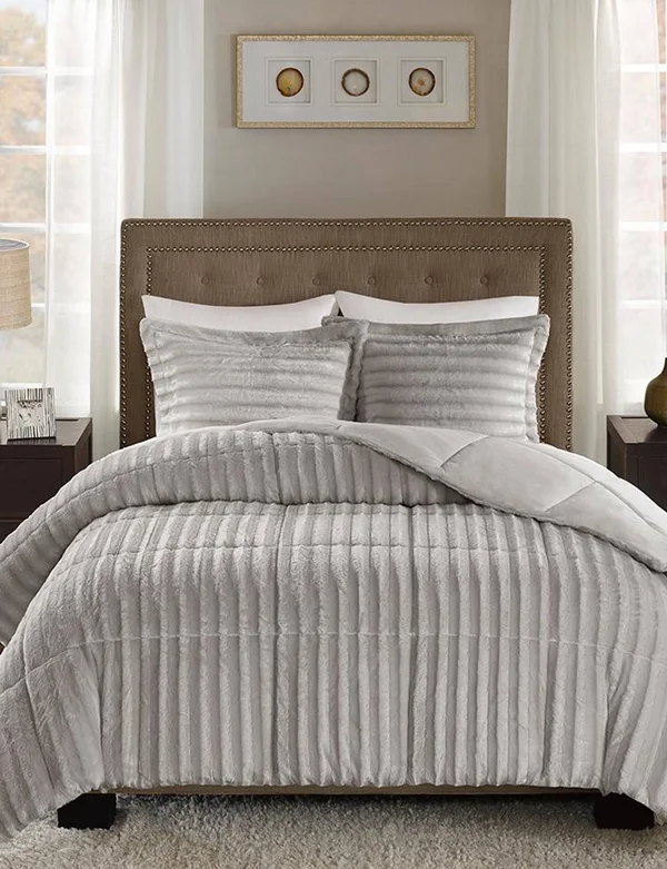 Madison Park Duke Faux Fur Comforter Set - Grey, Full/Queen