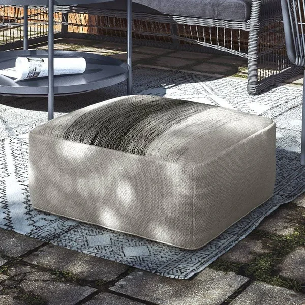 Simpli Home Sabella Grey and White Square Woven Outdoor/Indoor Pouf