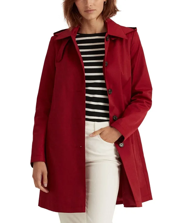 Lauren Ralph Lauren Hooded Single-Breasted A-Line Raincoat, Created for Macy&s - Chili