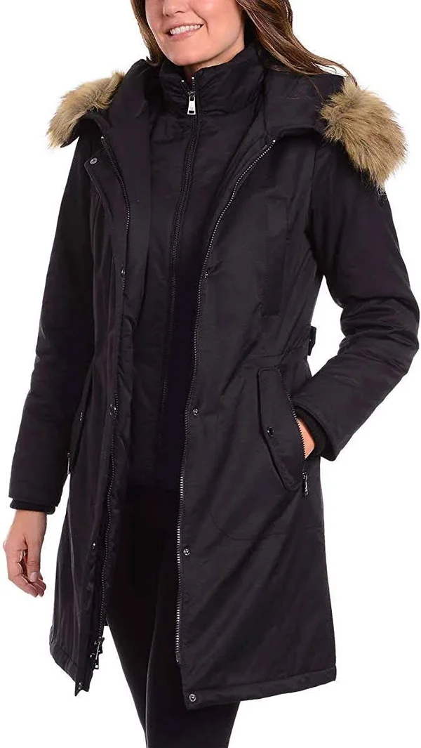 1 Madison Ladies& Water Resistant Long Parka with Faux Fur Hood, Black