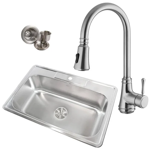eModernDecor Topmount Drop-In 18-Gauge Stainless Steel 33 in. x 22 in. x 9 in. 1-Hole Single Bowl Kitchen Sink with Faucet - Silv