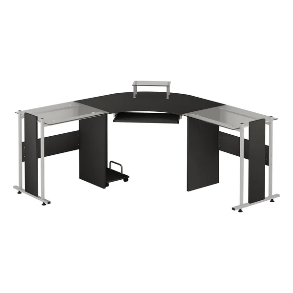 HOMCOM 69x22 Modern L-Shaped Tempered Glass Office Computer Desk with Elevated Monitor Stand, Rolling CPU Holder, Pull Out Keybo