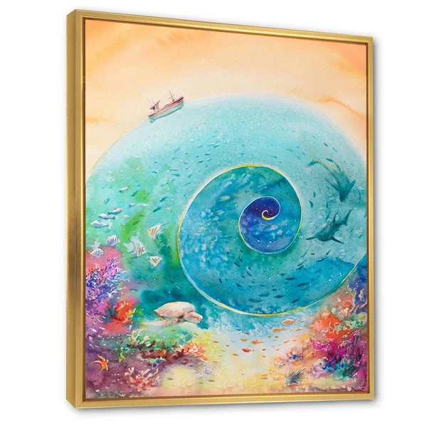 Designart &Turquoise Ocean Spiral with Coral Reef Fishes& Nautical & Coastal Framed Canvas Wall Art Print - 16 in. Wide x 32