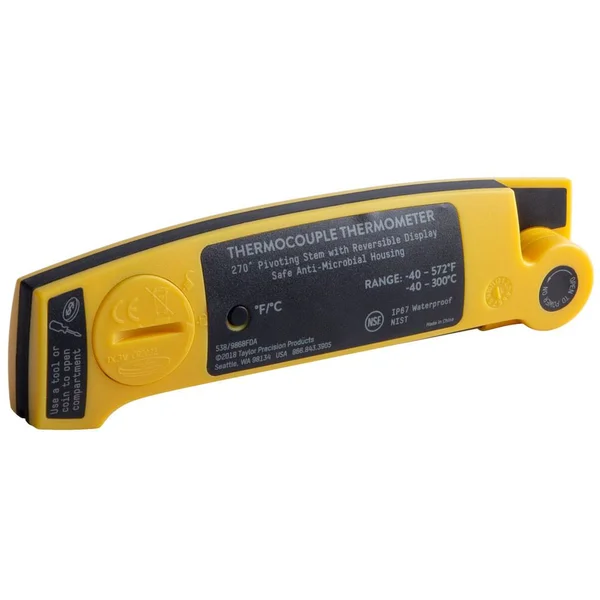 Taylor 9868FDA 4 3/8x22 Yellow Waterproof Digital Folding Thermocouple Thermometer with Rotating Display and Backlight