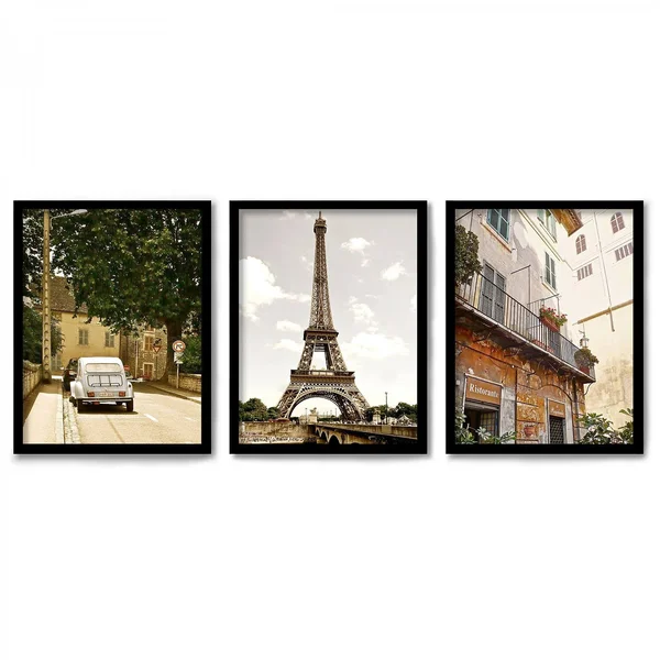 Americanflat Triptych Wall Art Day in Paris by Hope Bainbridge - Set of 3 Black Framed Prints, Size: 18 x 24, Pink