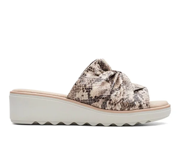 Clarks Women's Jillian Leap Wedge Slide - Size: 6.5, Taupe Snake Synthetic