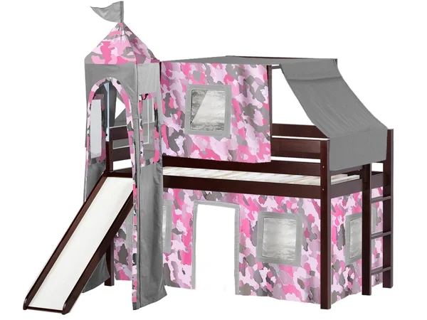Jackpot! Princess Low Loft Twin Bed with Slide Pink Camo Tent and Tower - Cherry