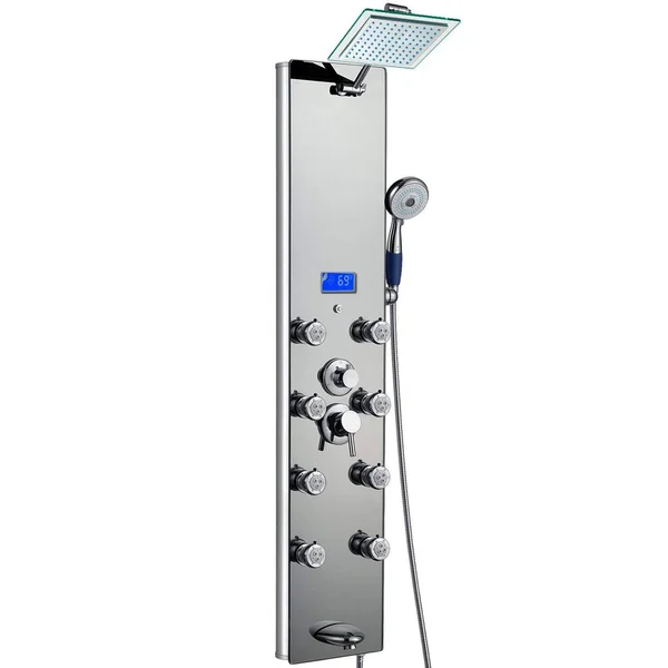 AKDY SP0102 51 in. 8-Jet Multi-Function Tempered Glass Shower Panel System with Rainfall Shower Head in Mirror - Silver