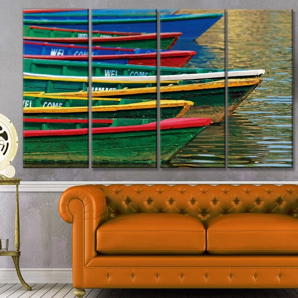Design Art 'Color Boats on Phewa Lake Nepal' 6 Piece Photographic Print Set on Canvas - Green