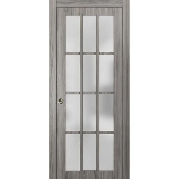 SARTODOORS Sliding French Pocket Door with Frosted Glass 12 Lites - Felicia 3312 Ginger Ash Gray, Kit Rail Hardware, Solid Woo