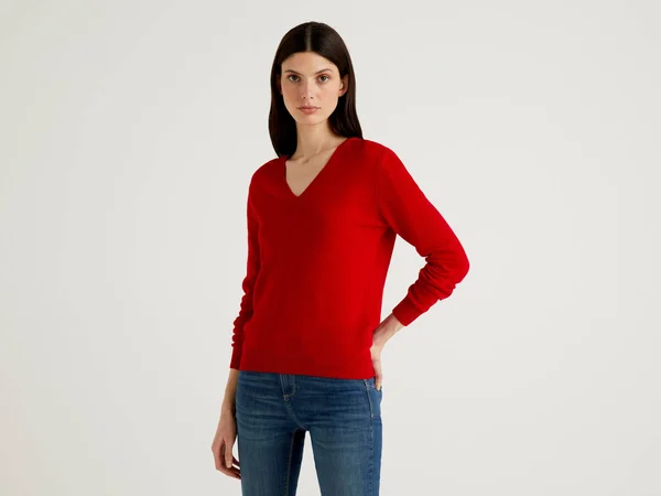 Benetton, Sweater with V-Neck in Pure Virgin Wool, Size S, Red, Women