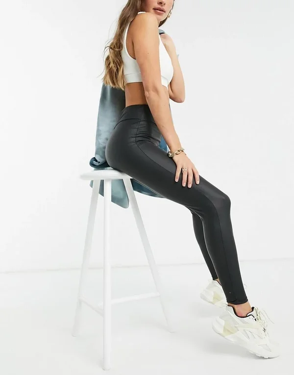 River Island High Waisted Coated Leggings in Black