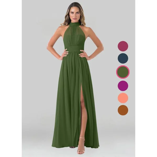 Azazie A-Line/Princess Halter Floor-Length Chiffon Bridesmaid Dresses - Olive