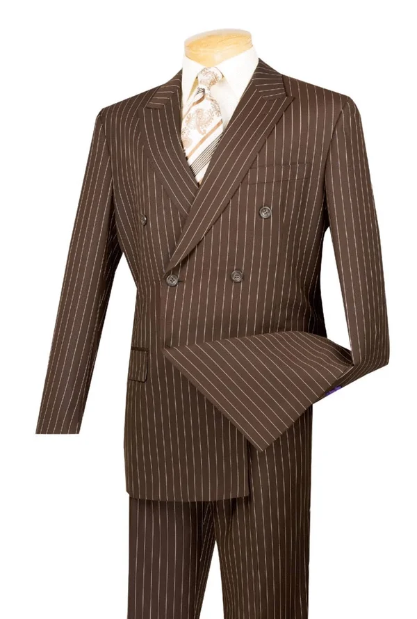 Vinci Men's Rockefeller Collection - Double Breasted Stripe Suit Brown Regular Fit 2 Piece 42 Long - 36 Waist - Brown