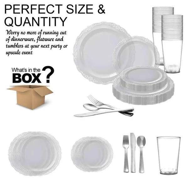 20 Settings, Clear Vintage Round Disposable Plastic Wedding Value Set