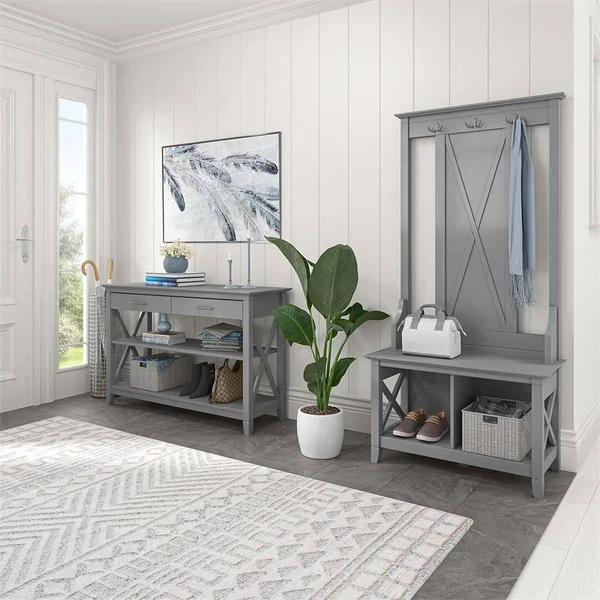 Bush Furniture - Key West Entryway Storage Set with Hall Tree - Shoe Bench and Console Table in Cape Cod Gray - KWS056CG