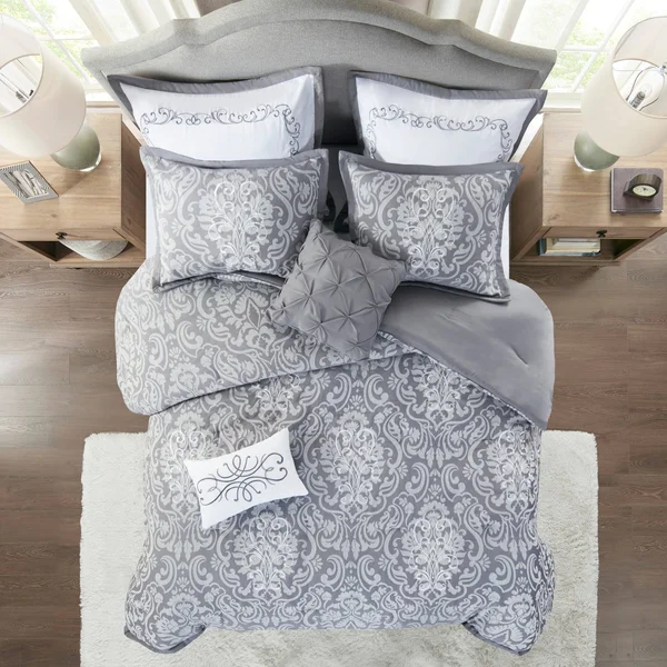 Madison Park Flourish 8 Piece Jacquard Comforter Set Gray, Cal King
