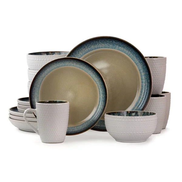 Elama 16-Piece Stoneware Dinnerware Set, Modern Dot