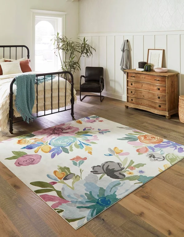 Unique Loom Blossom Bright Colors Area Rug 10' x 10' Square Ivory/Pink