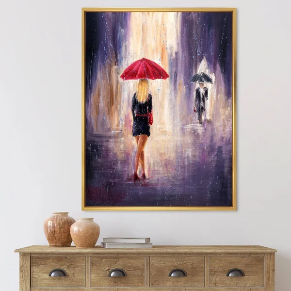 Designart 'The Woman with The Umbrella Walking in The Rain II' French Country Framed Canvas Wall Art Print - 30 in. Wide x 40 in