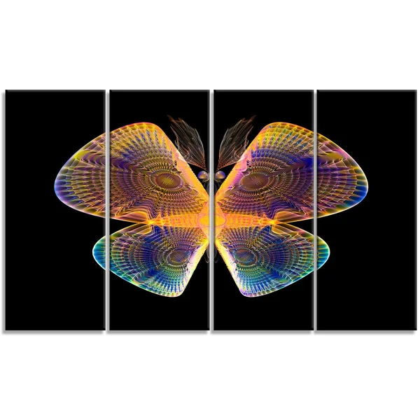Design Art 'Blue Yellow Fractal Butterfly in Dark' Graphic Art on Wrapped Canvas - Size: 28 inch H x 60 inch W x 1.5 inch D