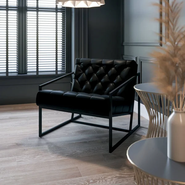 Merrick Lane Black Faux Leather Modern Lounge Chair with Tufted Seating and Dark Gray Metal Frame